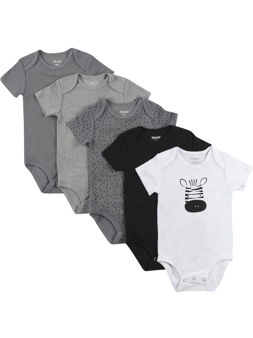 Hanes Baby 5-Pack Short-Sleeve Onesies in Gray, Black & White BRAND NEW